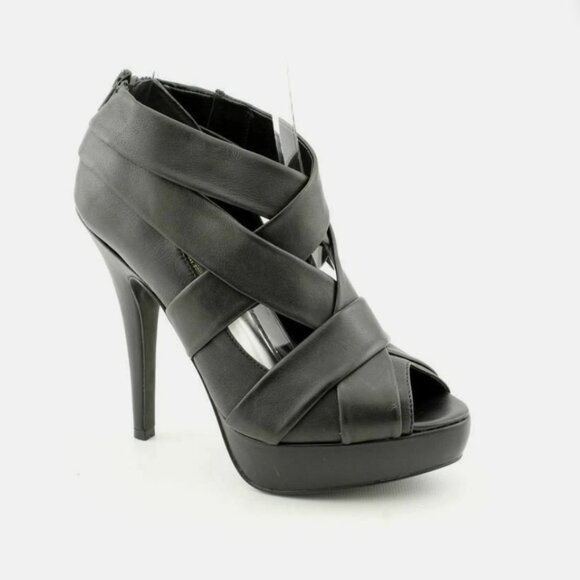 INC Black Leather Marona Open Toe Strappy Platform Heels Shoes - Picture 1 of 5